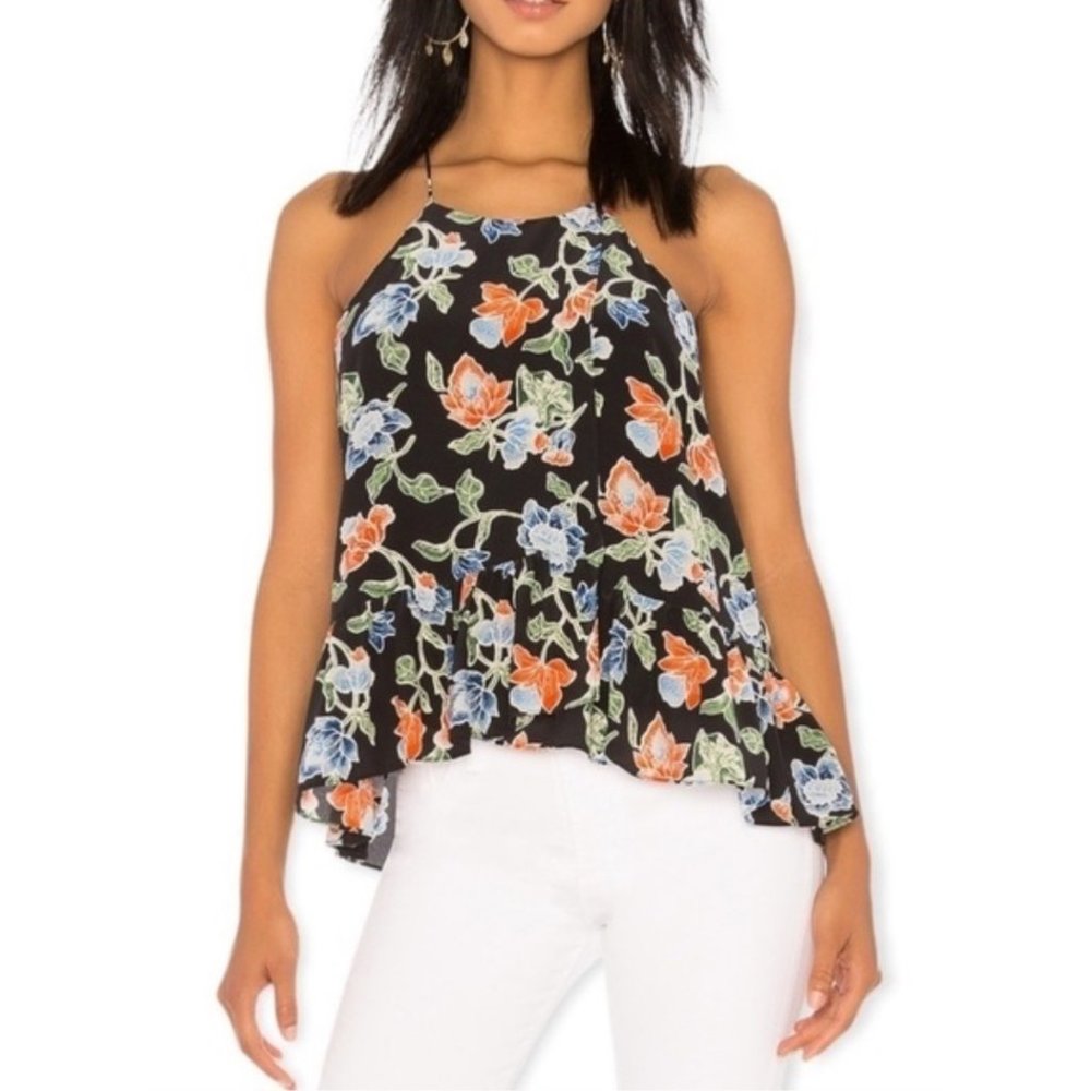 Joie Derwin 100% Silk Racerback Ruffle Tank Camisole Lined Black Floral Print XS
